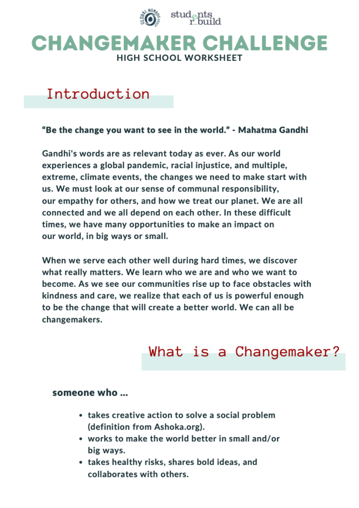 Changemaker Challenge - Changemaker Worksheet: High School | Students ...